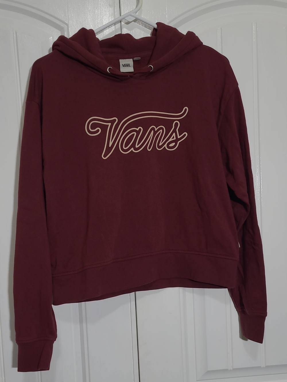 Vans Women's Burgundy Hoodie with Cream Logo, Crop Top